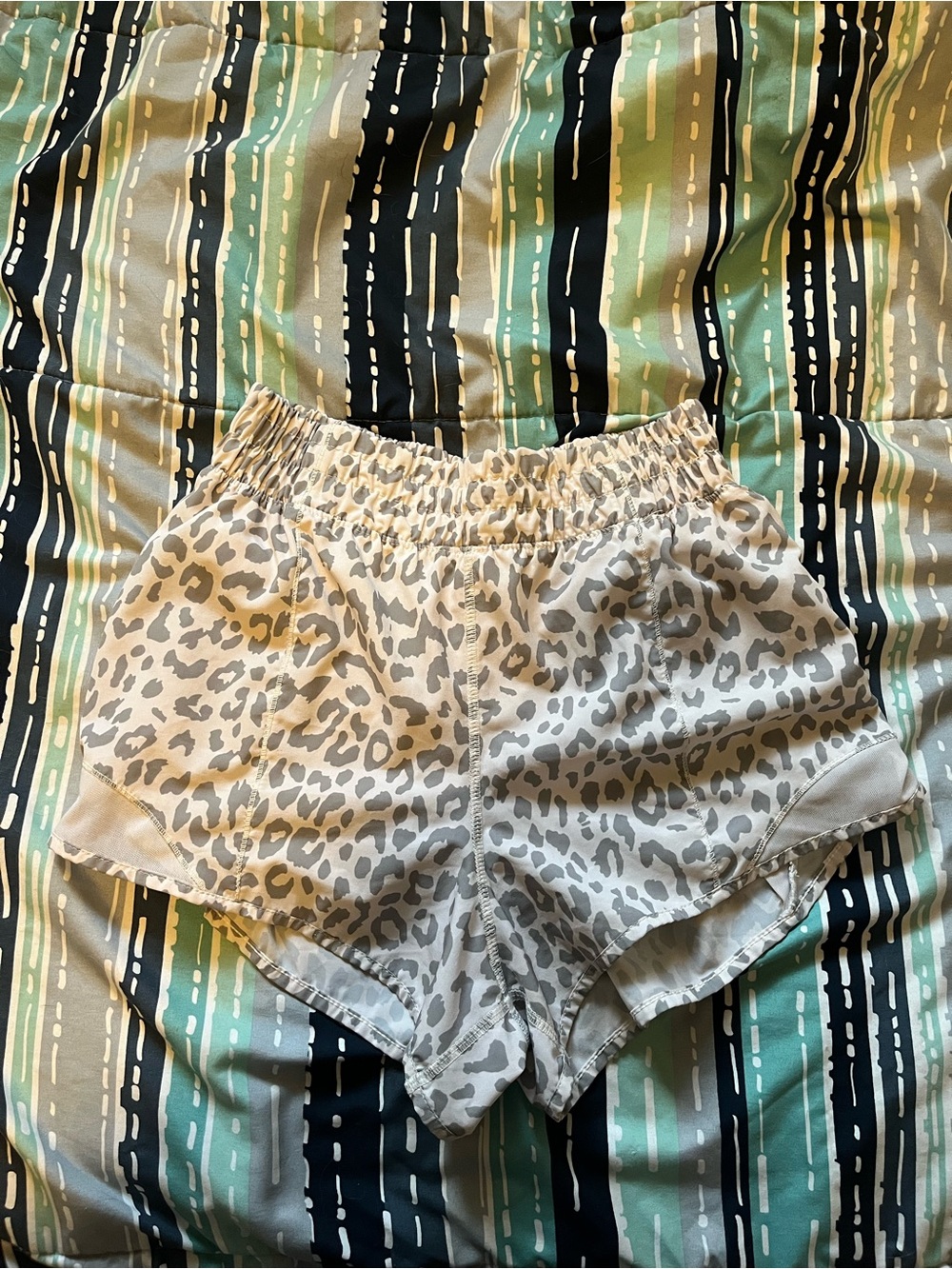 As Revival Smocked Waist Leopard Print Running Shorts Mesh Trim Zip Pocket S
